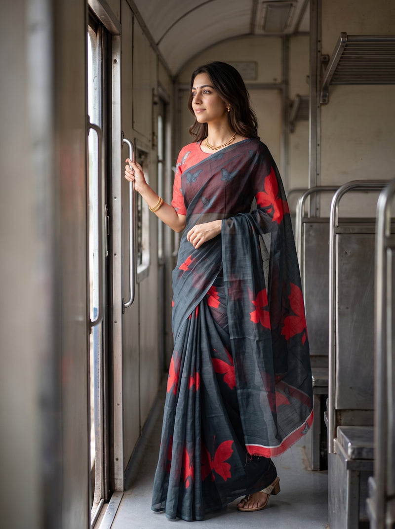 A woman wearing a dark gray saree with red floral patterns and a red blouse stands by the window of a train.