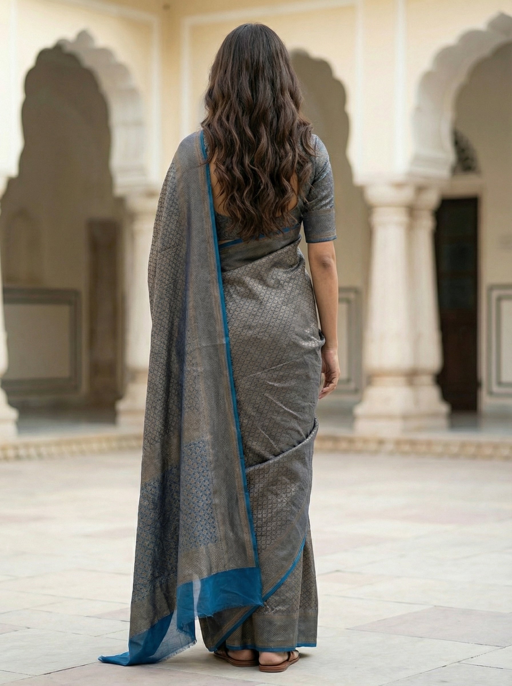 Tusser Silk Blue Gold Zari Weave Saree