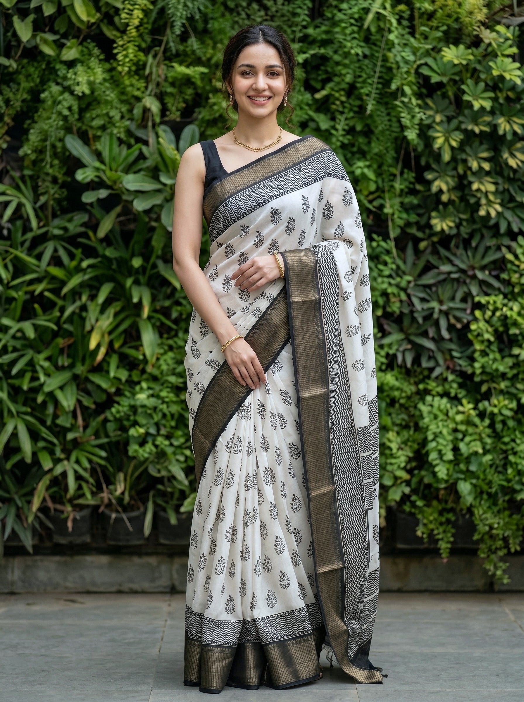Woman wearing a white saree with black patterns against a green foliage background