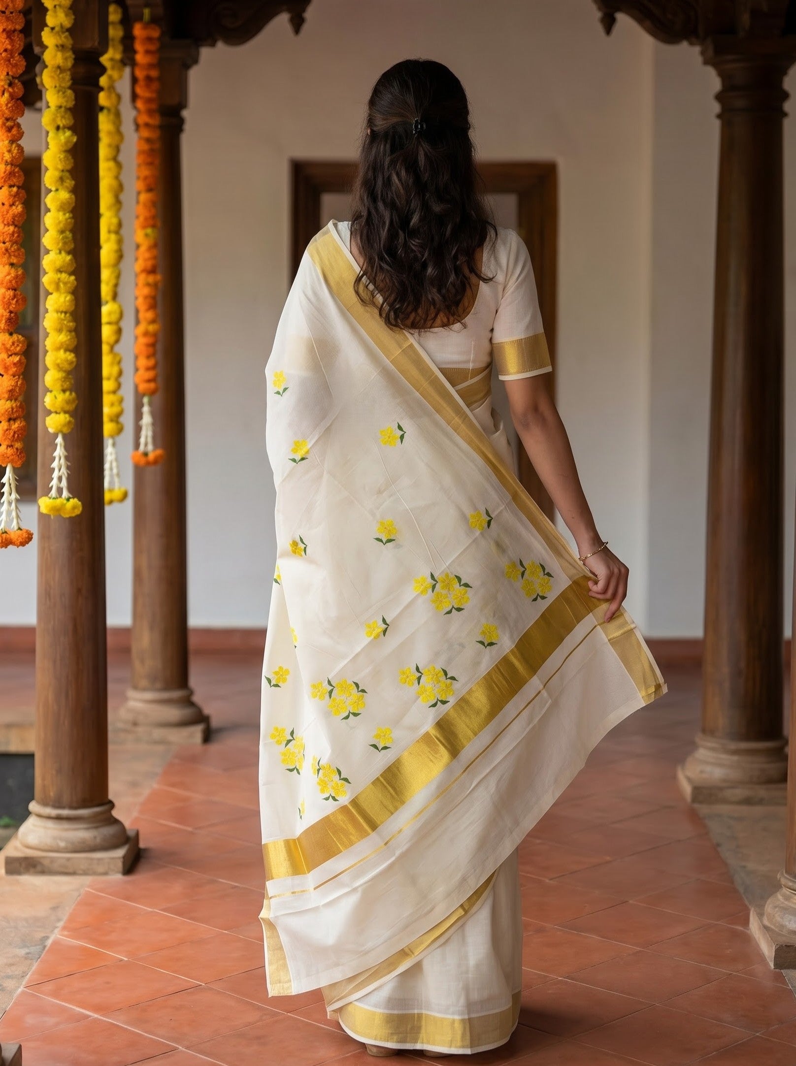 Cotton Off-White Yellow Floral Buti Print Onam Special Kerala Saree