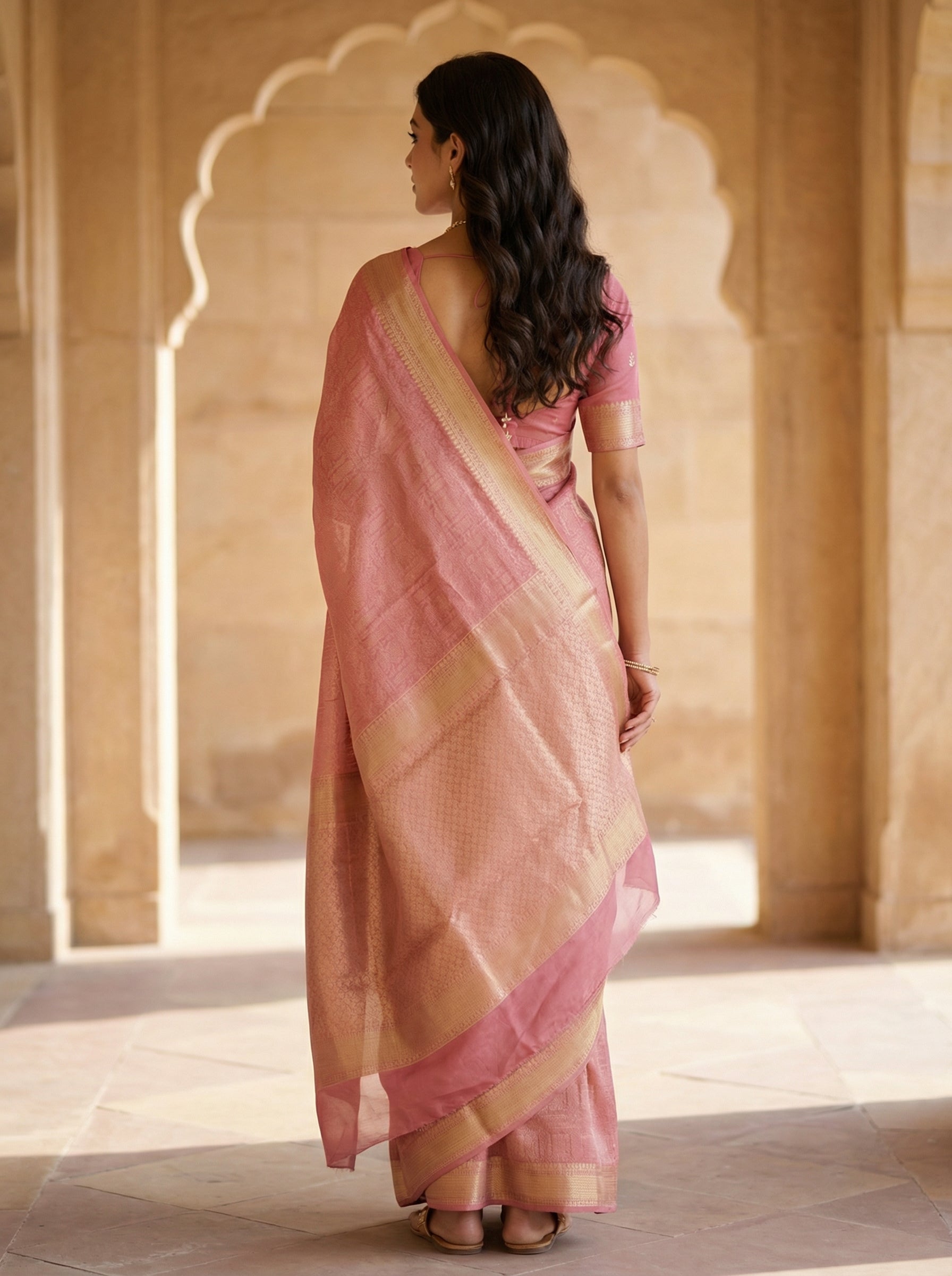 Georgette Banarasi Dusty Rose Pink Zari Woven Design Saree