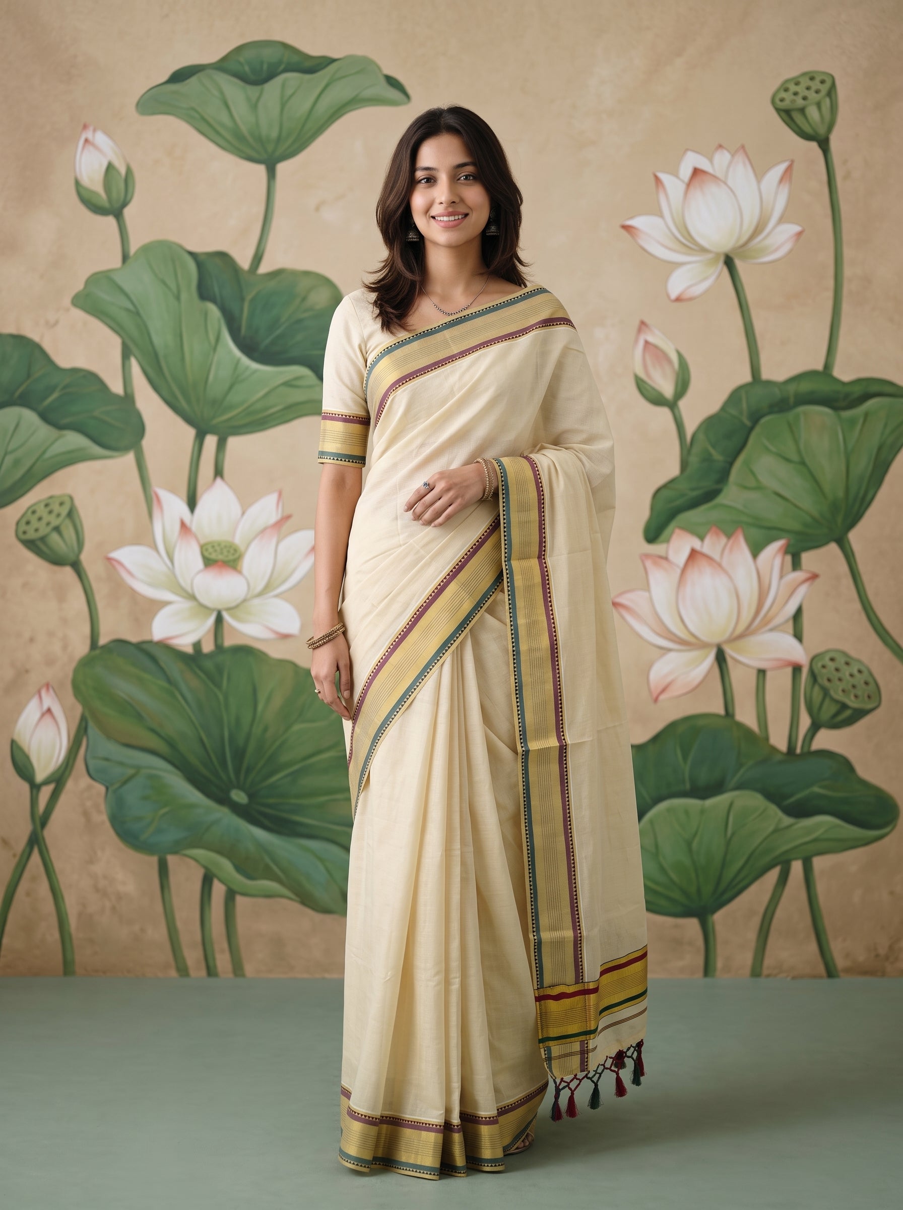 A woman modeling a cream-colored cotton saree with green, red, and gold border stripes, standing in front of a painted lotus wall backdrop.
