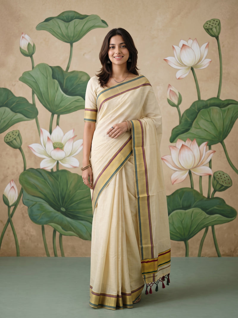 A woman modeling a cream-colored cotton saree with green, red, and gold border stripes, standing in front of a painted lotus wall backdrop.