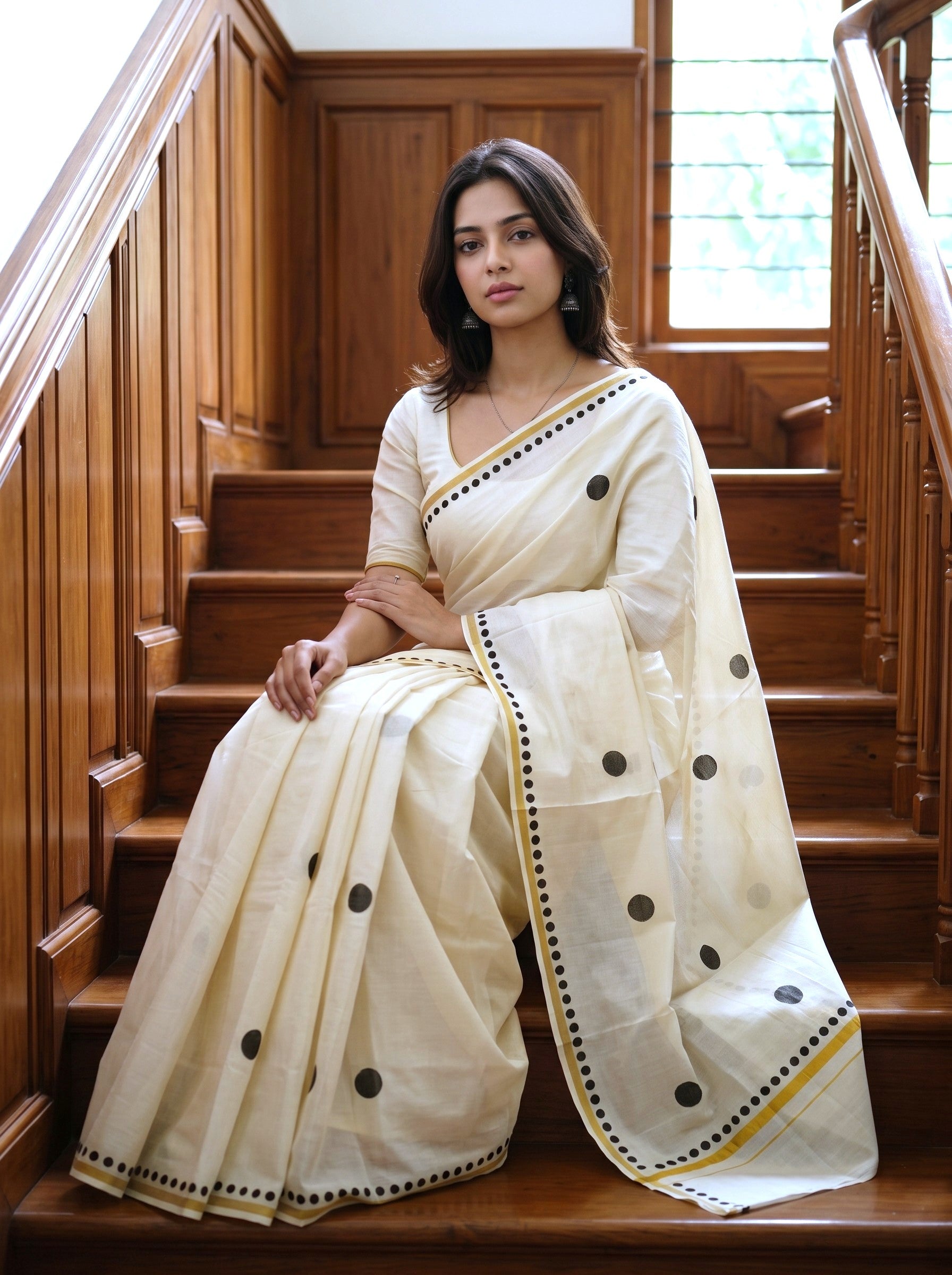 A woman wearing a cream-colored cotton saree with black polka dots and gold border details, sitting on wooden stairs in an indoor setting.