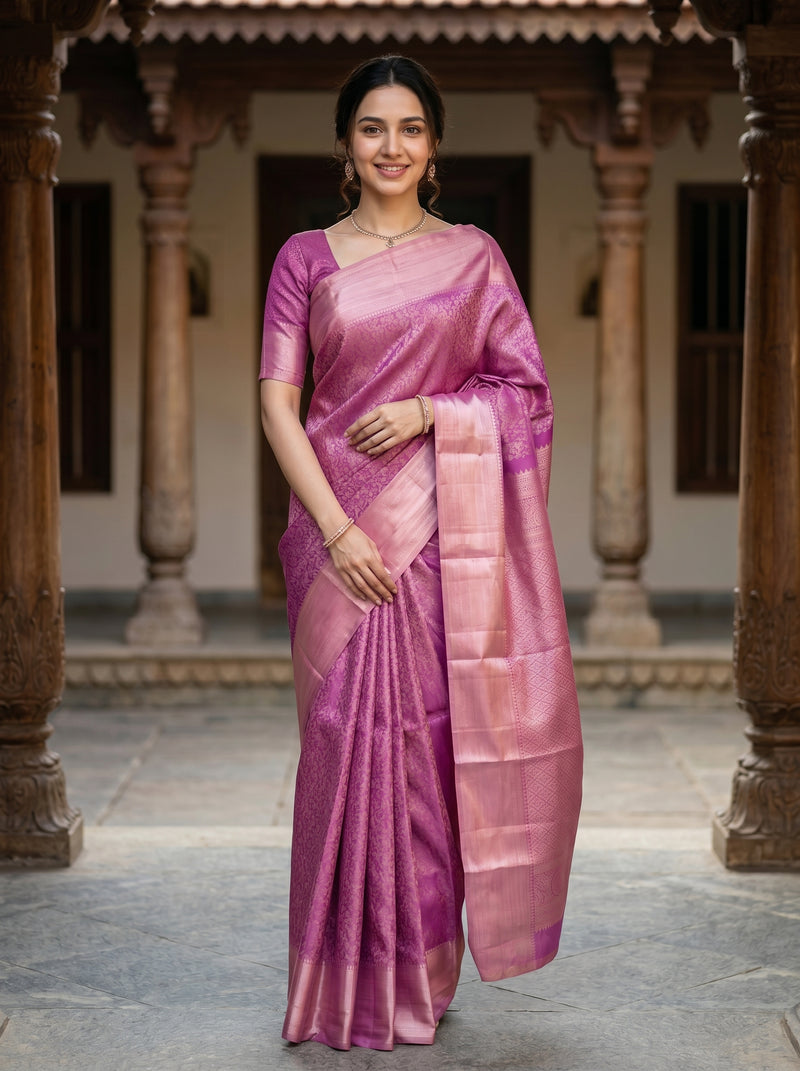 Woman in a pink saree standing in an architectural setting