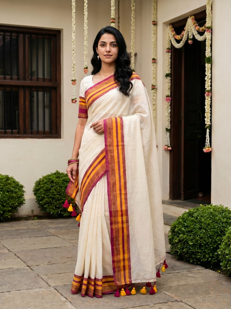 A woman stands outdoors wearing a cream-colored silk saree with a richly patterned orange, yellow, and red border and tassel trim. The background shows a traditional building facade with hanging garlands.