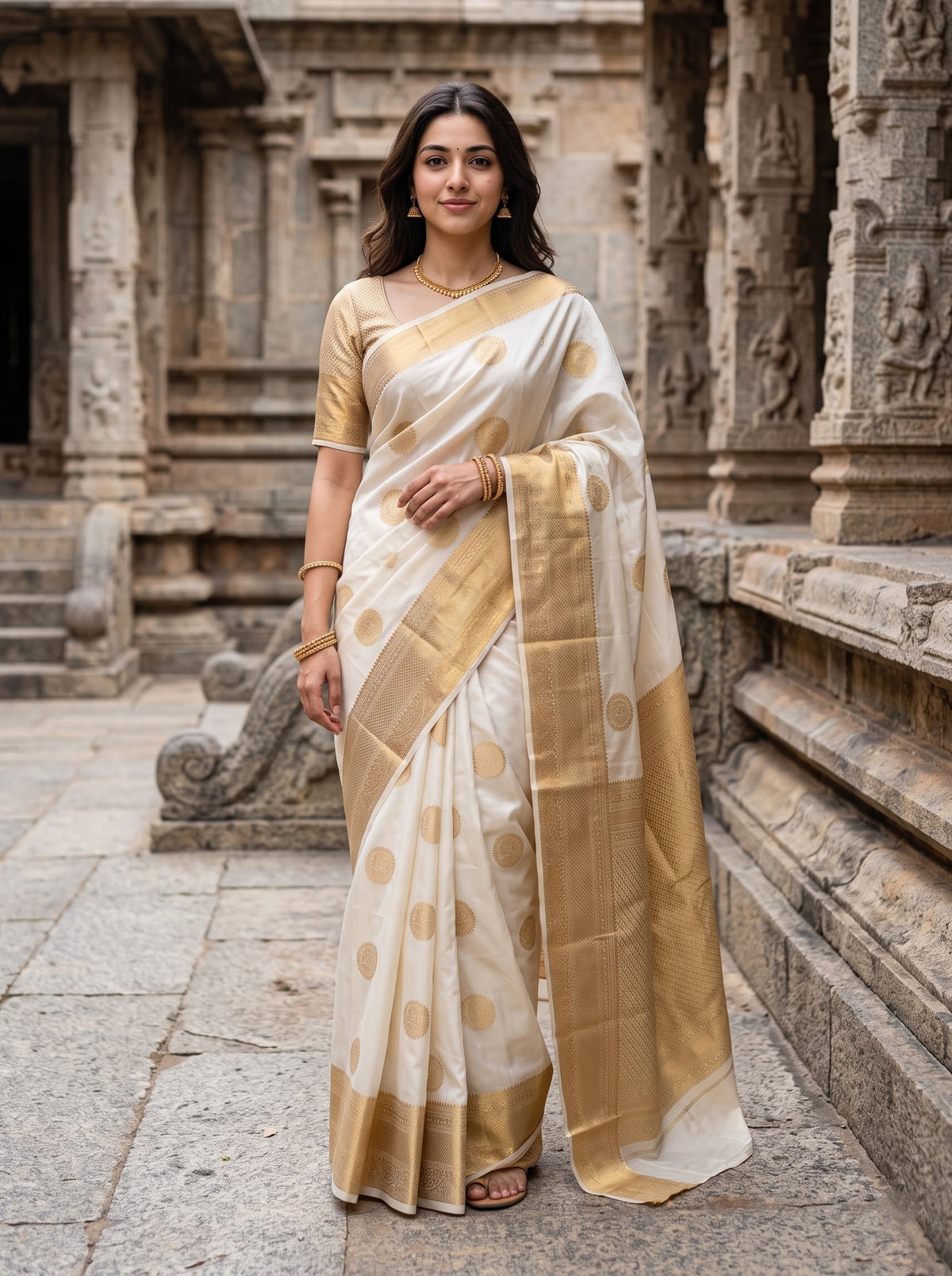 Semi Silk Cream Golden Zari Jaal Pallu Saree with Peacock Medallion Butta