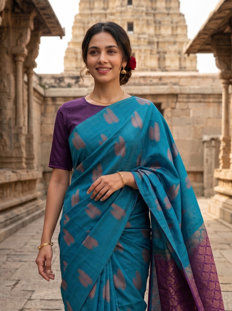 A woman wearing a teal blue and purple saree with pinkish-purple motifs, standing in front of a stone temple structure.