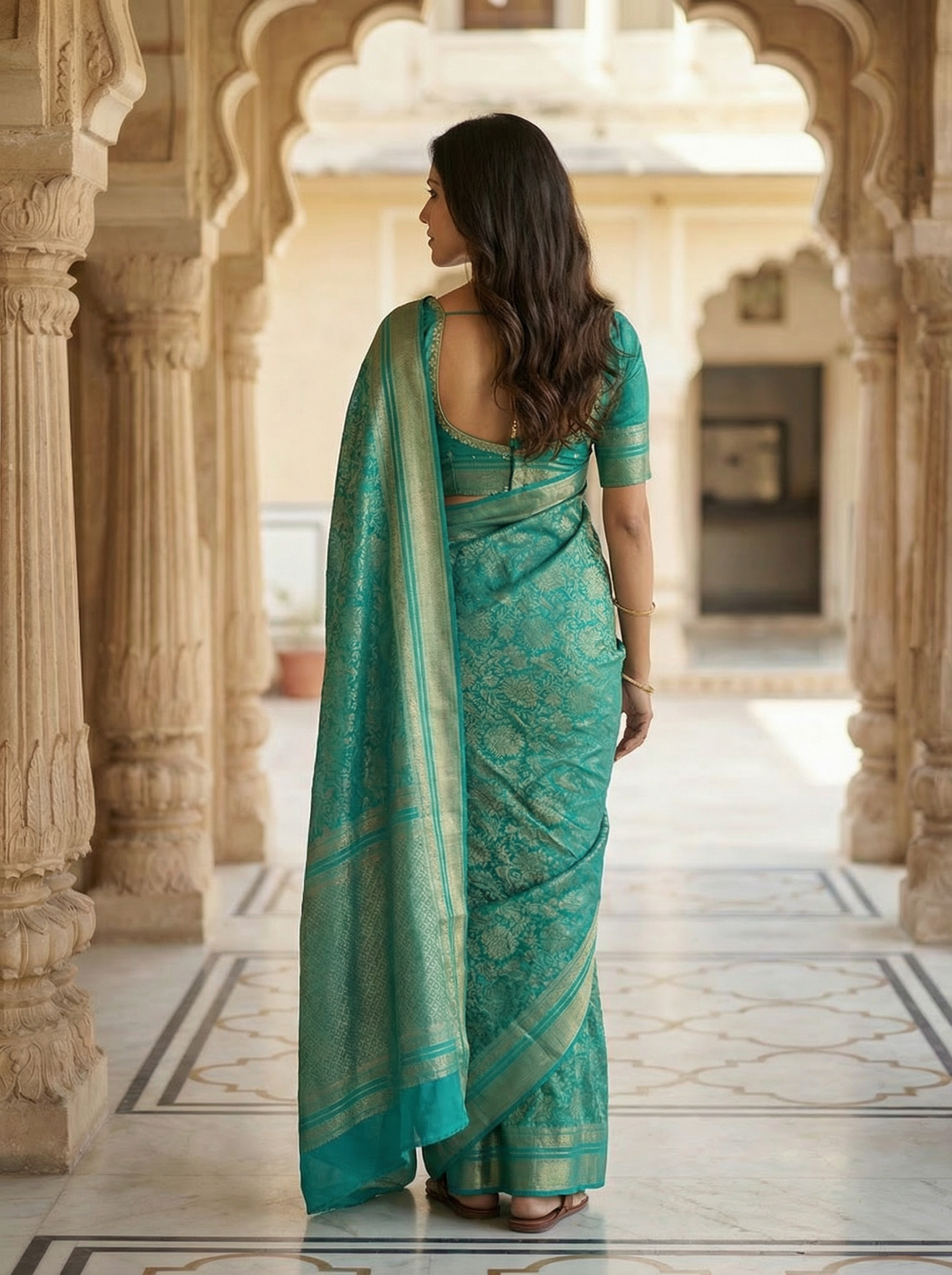 Georgette Banarasi Teal Blue Floral Zari Work Saree