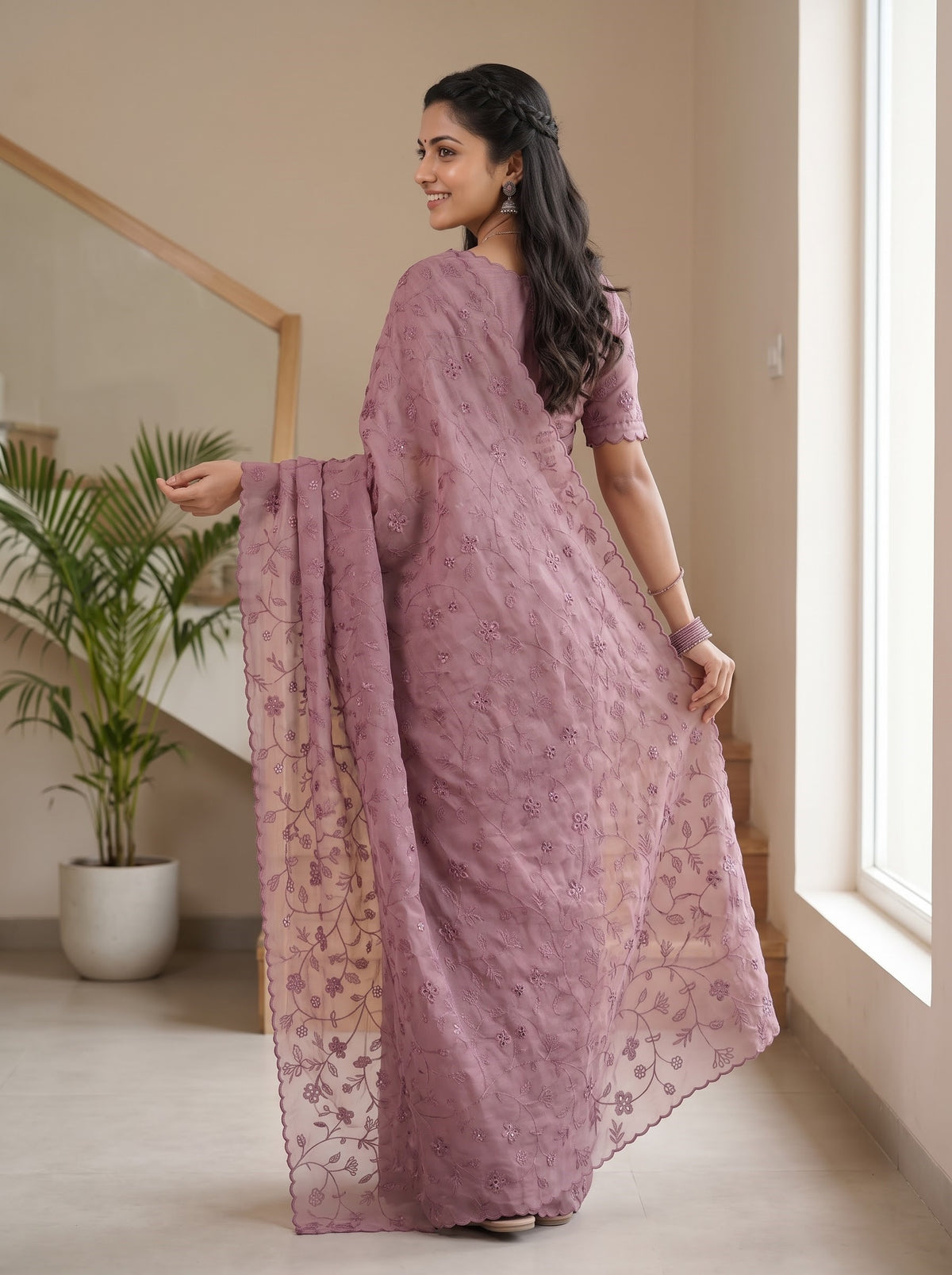 Tissue Silk Dusty Rose Floral Vine Sequins Work Saree