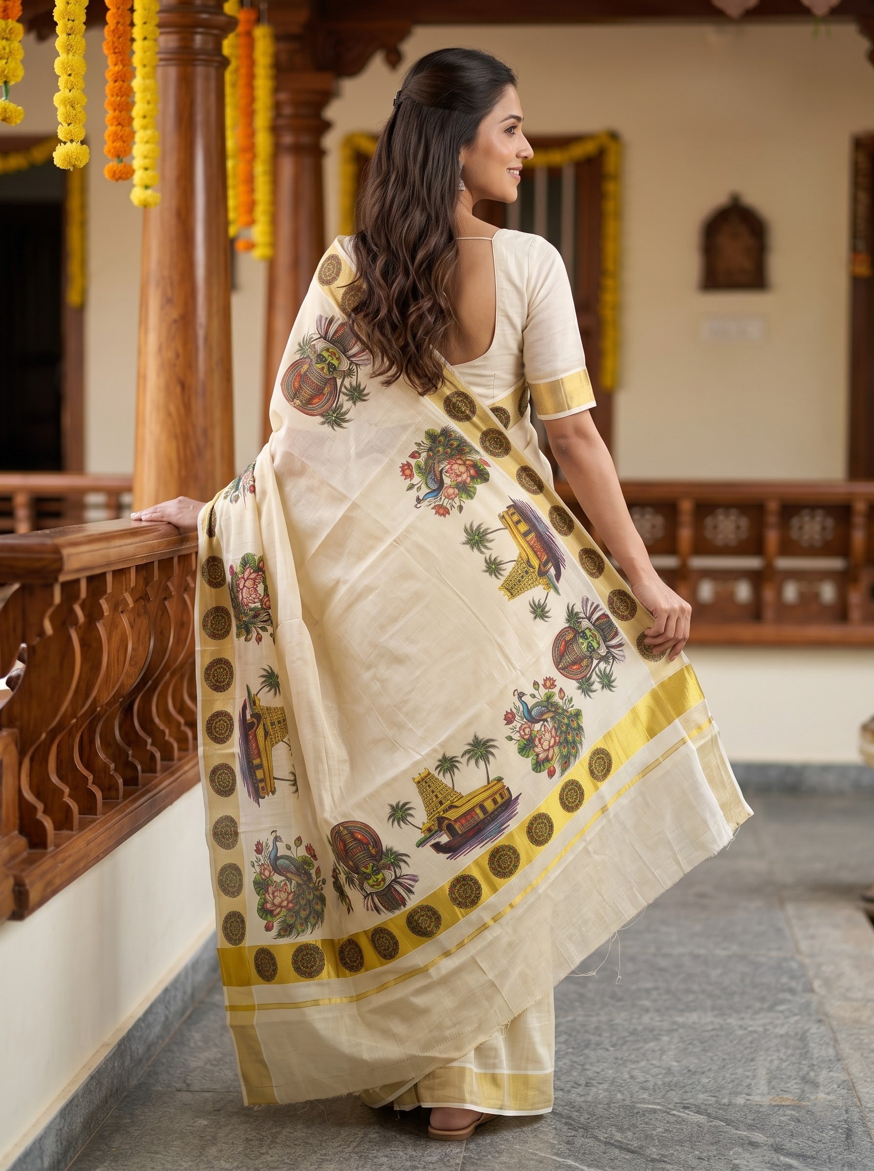 Tissue Cream Multicolor Kerala Heritage Print Onam Special Kerala Saree