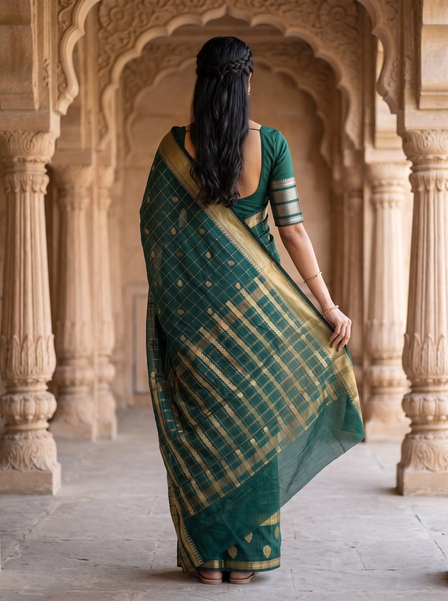 A woman viewed from behind wearing a dark green saree with gold stripes and a matching green-and-gold blouse, standing in a stone corridor with arches.