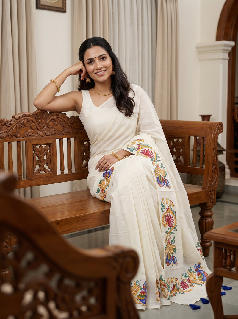 A woman wearing a white saree with colorful floral embroidery sits on a carved wooden bench in an indoor setting with beige curtains.
