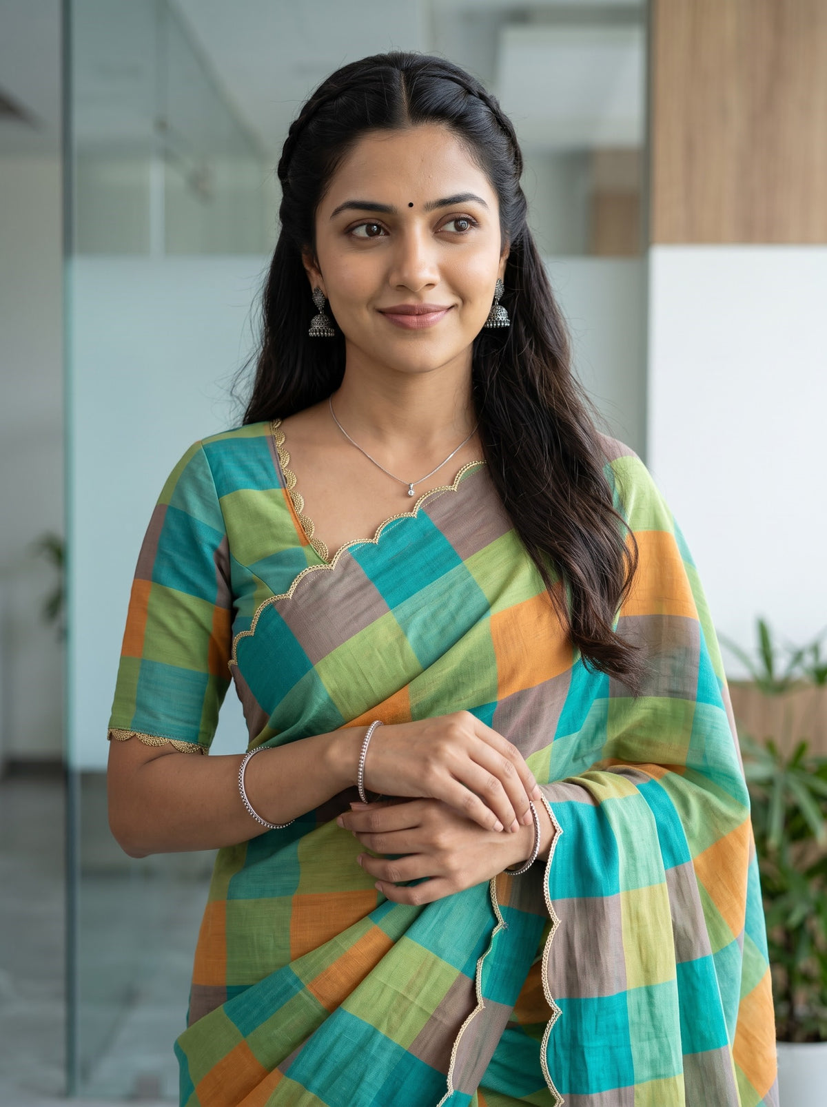 A woman wearing a colorful checkered saree with green, orange, and teal patterns, standing in a modern indoor setting.