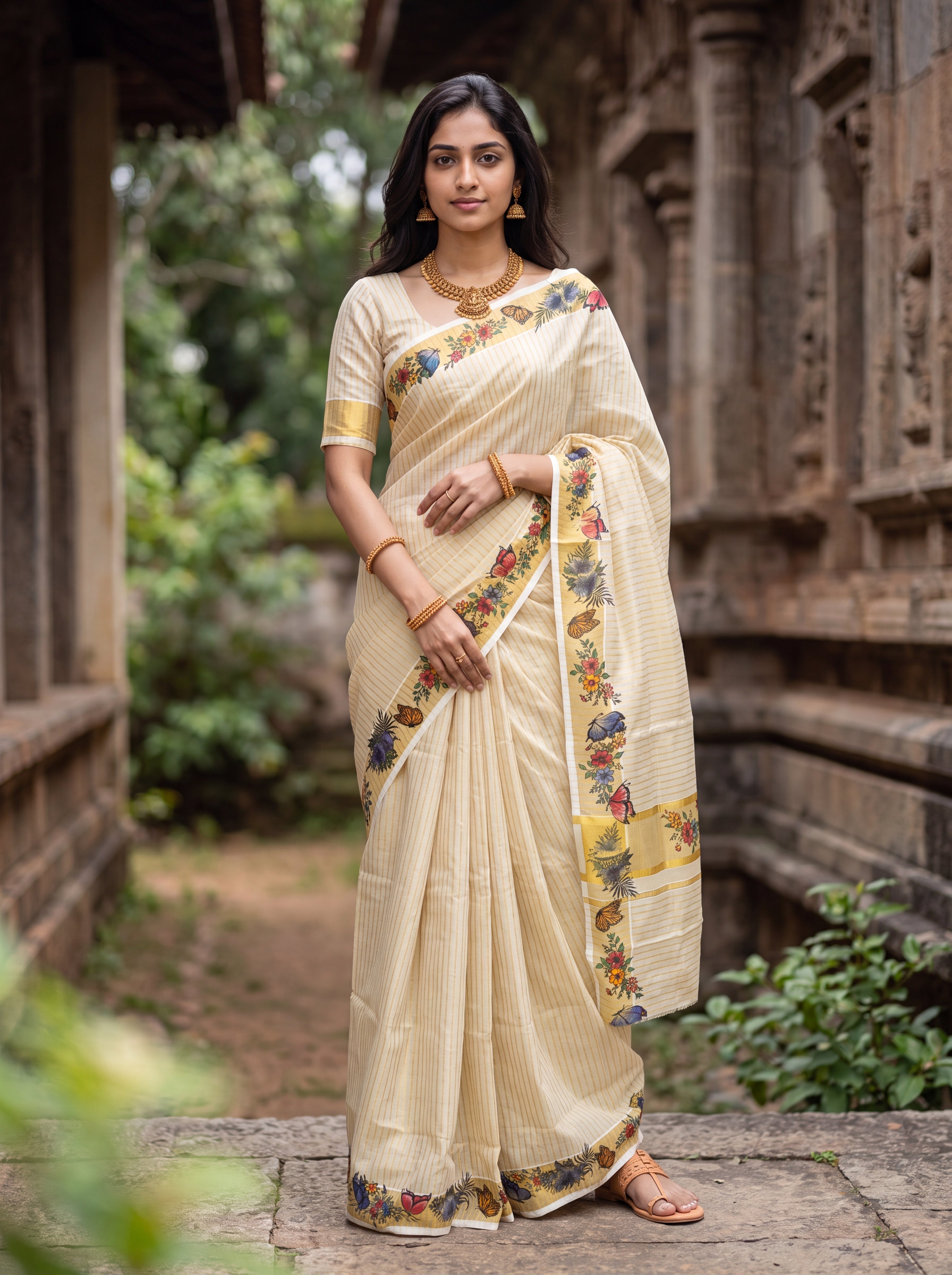 Cotton Cream Striped with Butterfly-Floral Print Border Set Saree