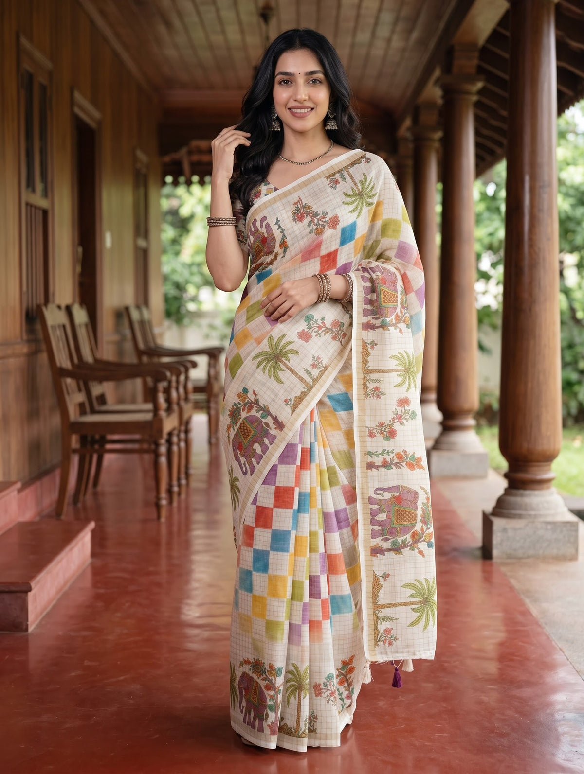 A woman stands on a traditional porch wearing a multicolored printed saree. The saree has a cream base with colorful checkered patterns and elephant motifs.