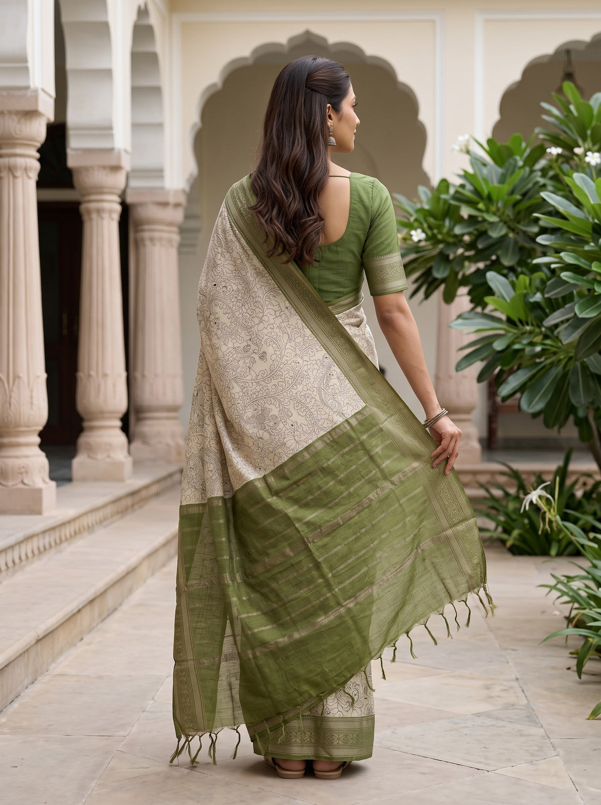 Pure Chanderi Off-White Black Kalamkari Peacock Print Saree(image correcton)