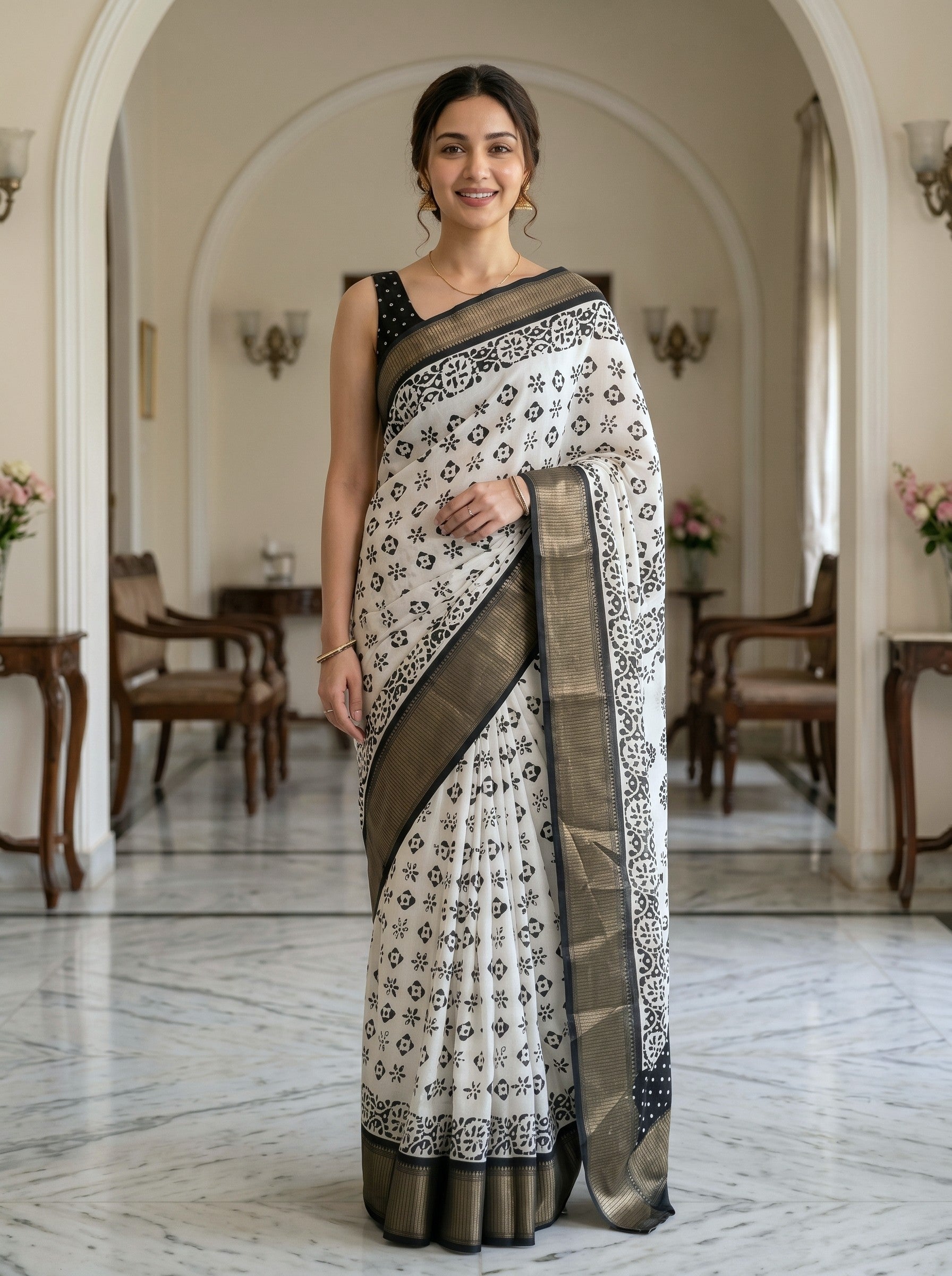 Woman in a white saree with black patterns standing in an elegant room.