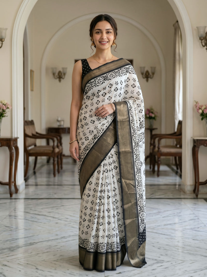Woman in a white saree with black patterns standing in an elegant room.