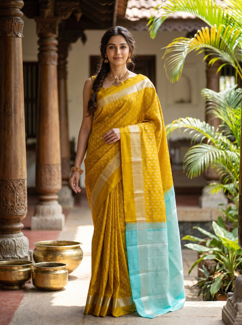 Woman in a yellow and blue saree standing in an outdoor setting with plants and architectural elements.