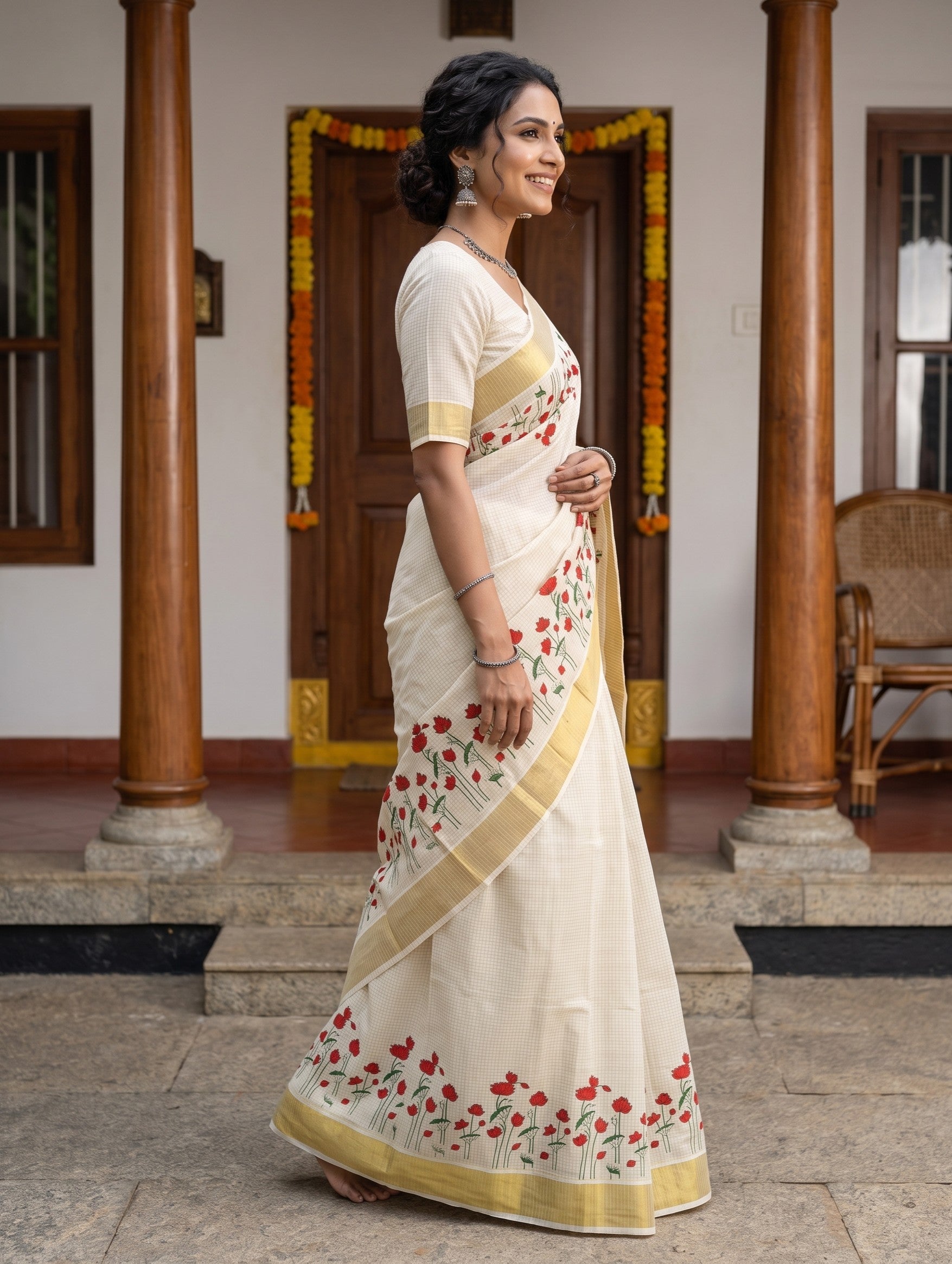 A woman wearing a cream-colored cotton saree with red floral embroidery and gold borders, standing in a traditional courtyard with wooden pillars.