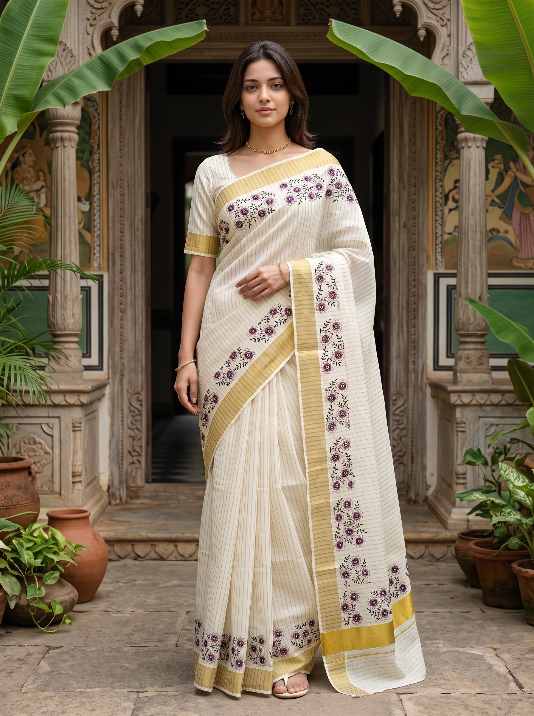 Cotton Cream Pinstripe with Purple Floral Vine Border Onam Special Kerala Saree