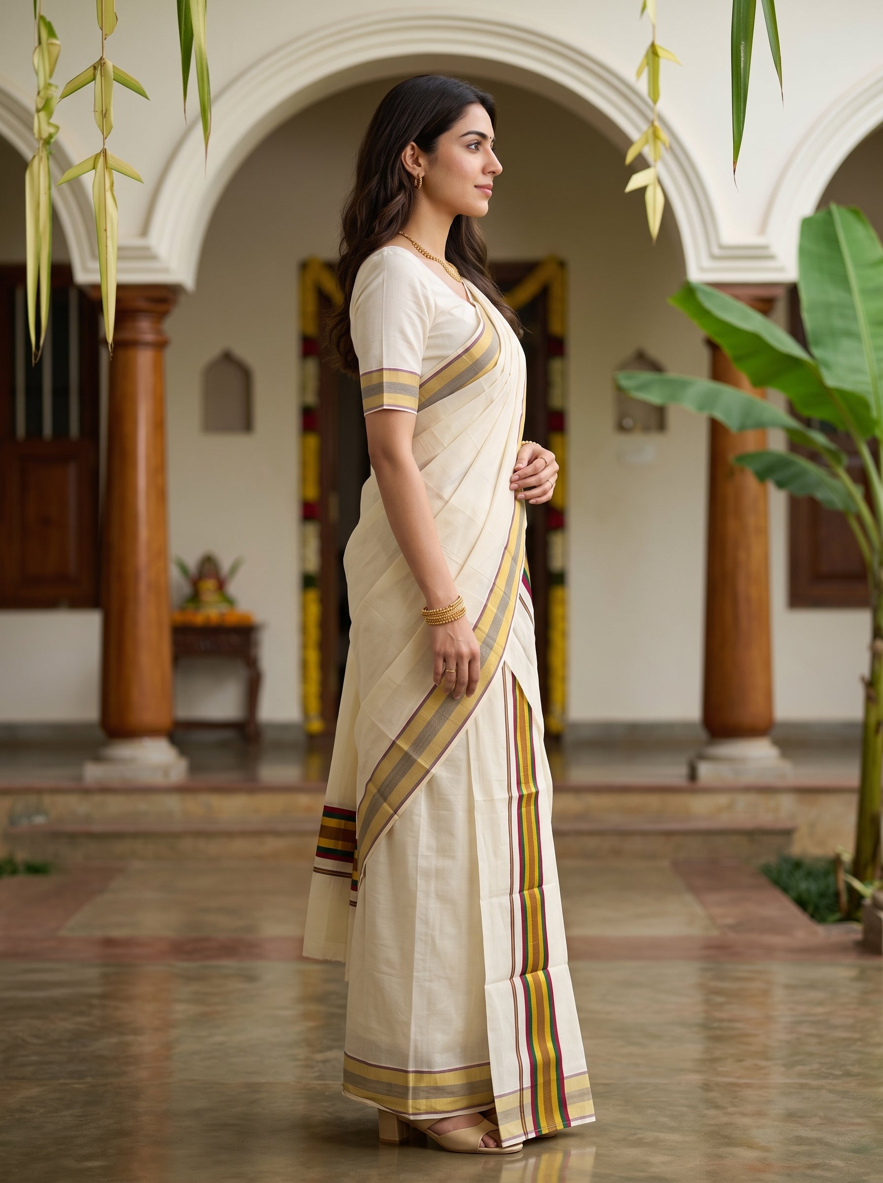 A woman wearing a cream-colored cotton saree with mustard yellow and brown stripes, standing in a traditional courtyard with arches and pillars.