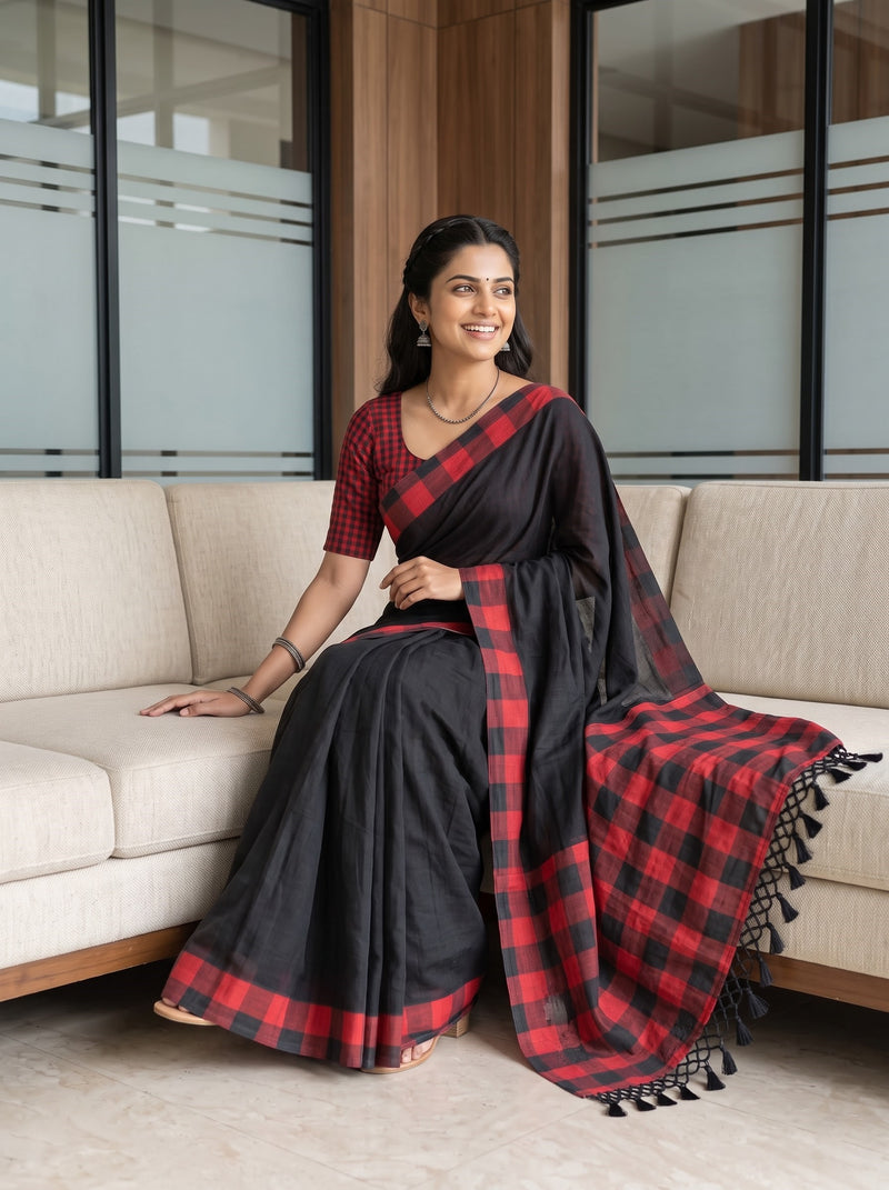 A woman wearing a black and red checkered saree with a matching red checkered blouse, sitting on a beige sofa in a modern indoor setting.