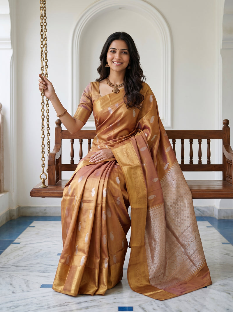 A woman wearing a bronze-gold silk saree with white motifs and a matching blouse, seated on a wooden swing bench in a traditional Indian courtyard.