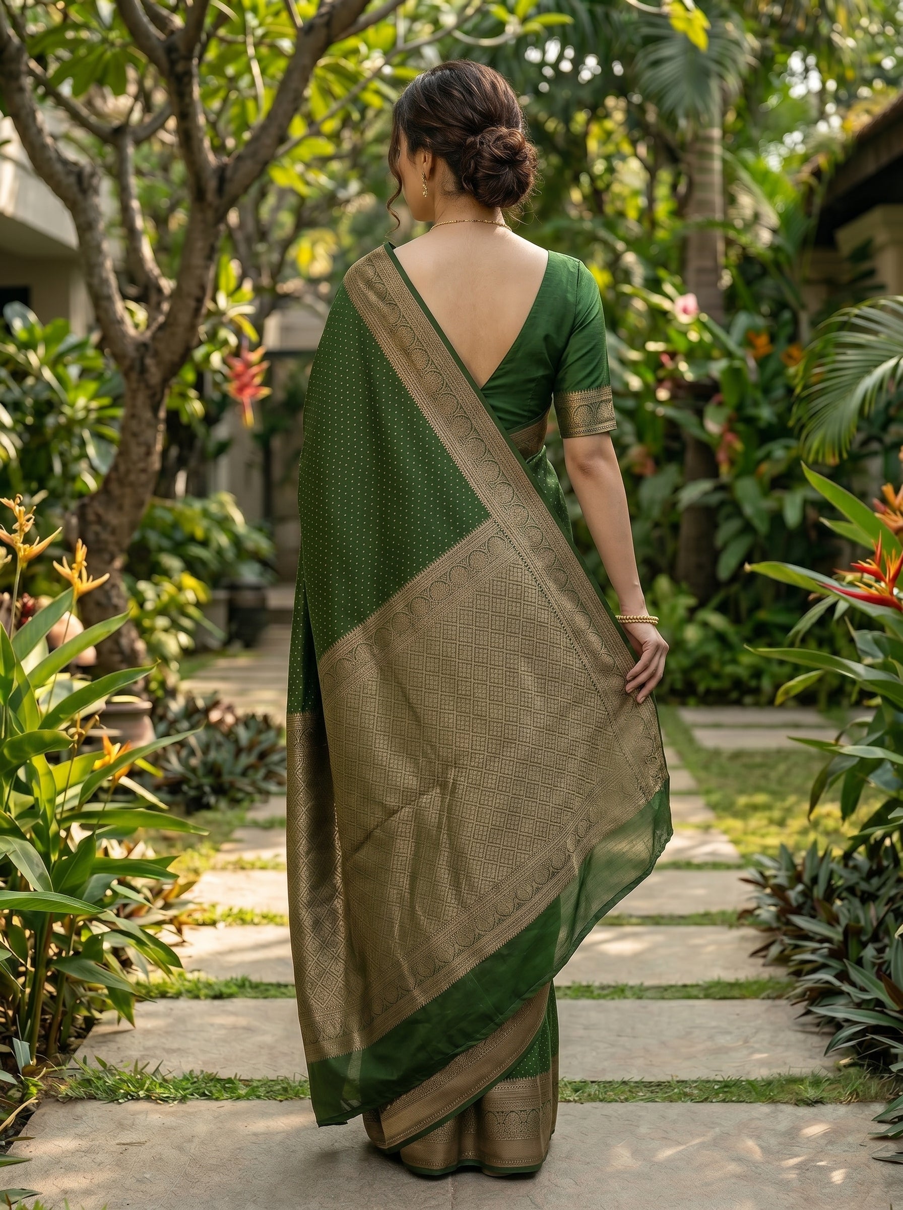 Kanjivaram Silk Bottle Green Saree with All-Over Butta Design