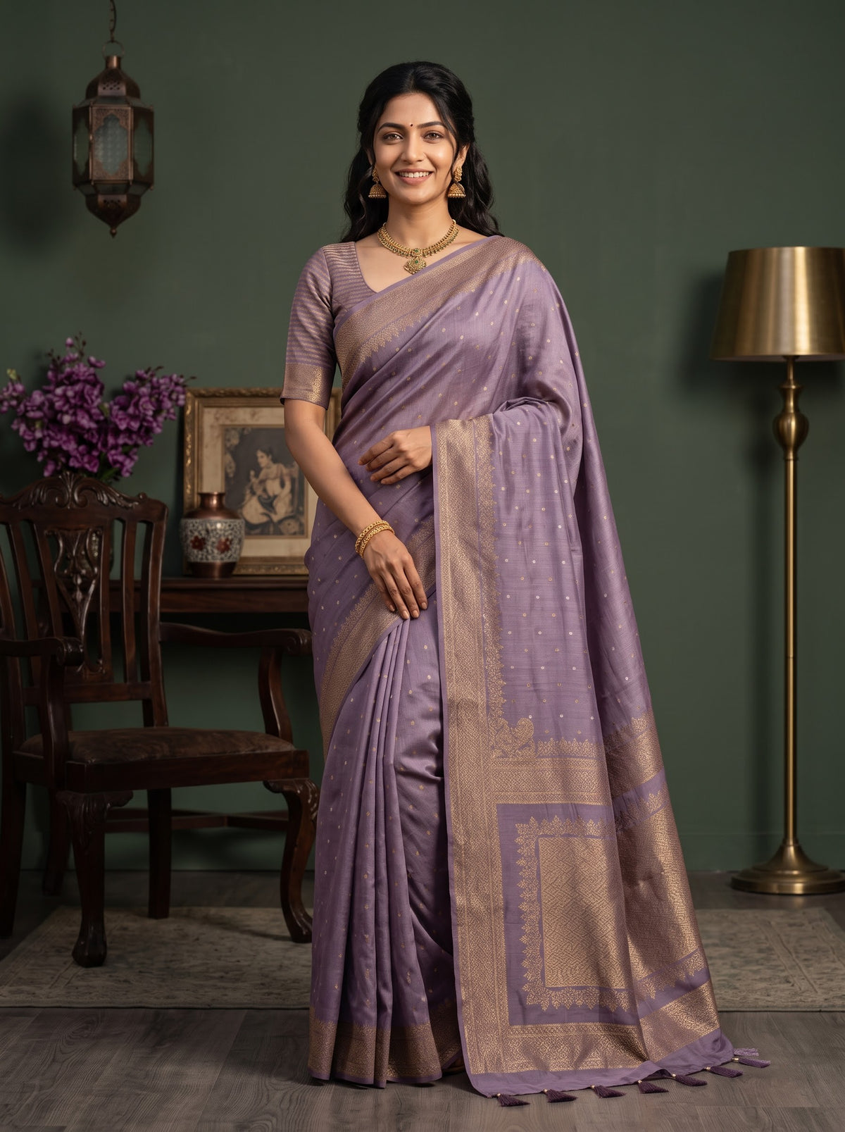 A woman models a lavender purple silk saree with a beige border and gold zari detailing, paired with a matching purple blouse, in a styled room with a dark green wall.