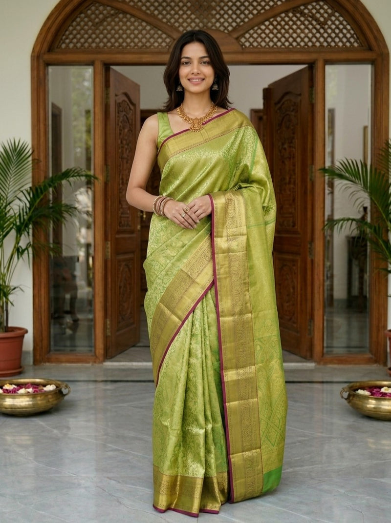 Woman in a green saree standing in a decorated indoor setting with wooden doors and plants.