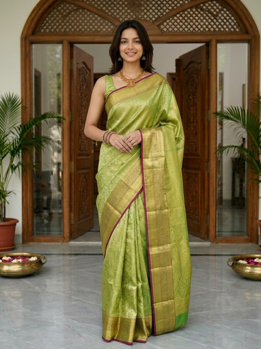 Woman in a green saree standing in a decorated indoor setting with wooden doors and plants.
