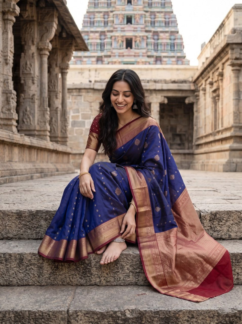 A woman sits on stone steps in front of a historic temple, wearing a royal blue silk saree with gold motifs and a bronze border.
