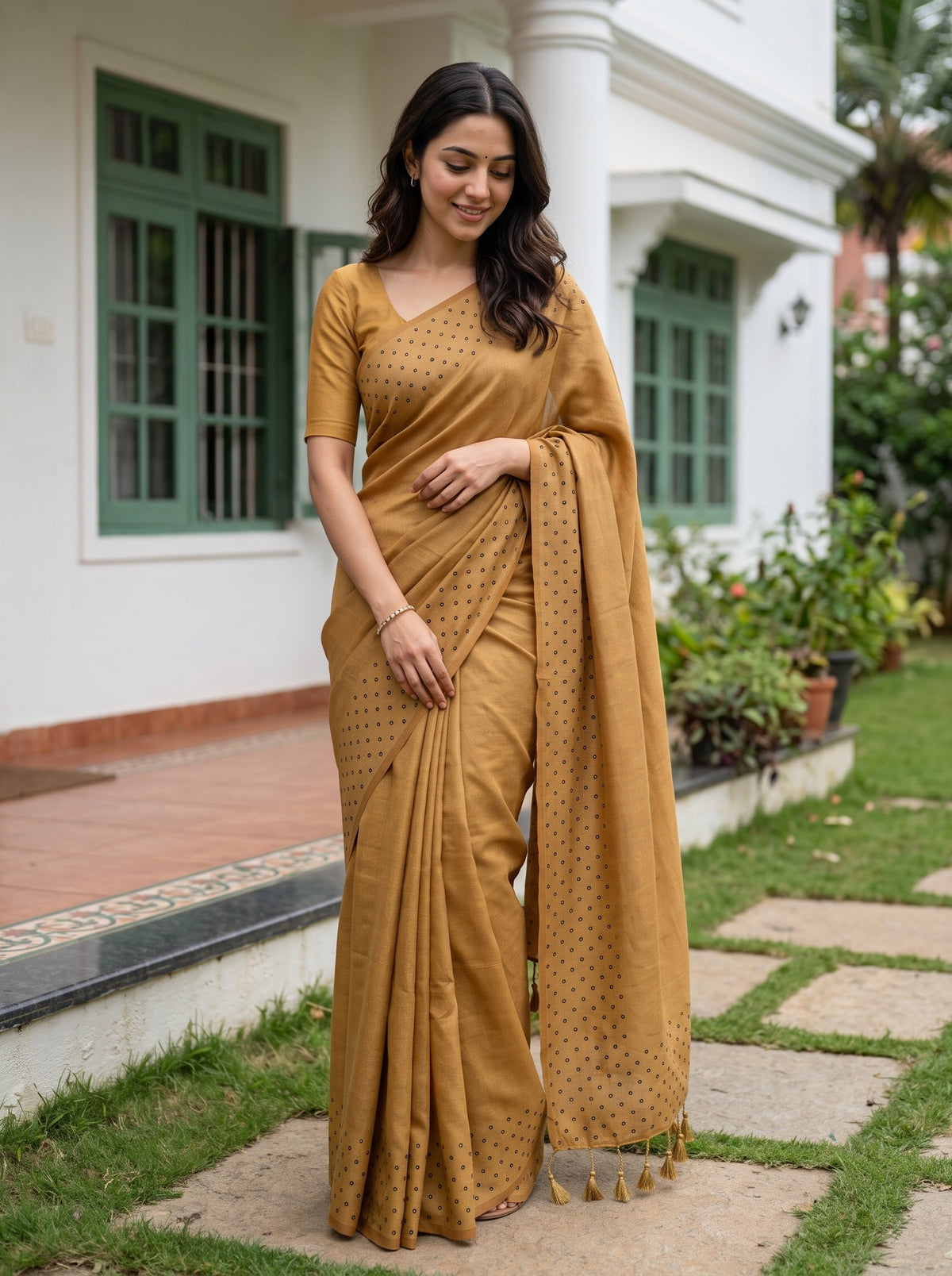 Chiffon Golden Saree with Scattered Dot Border Design