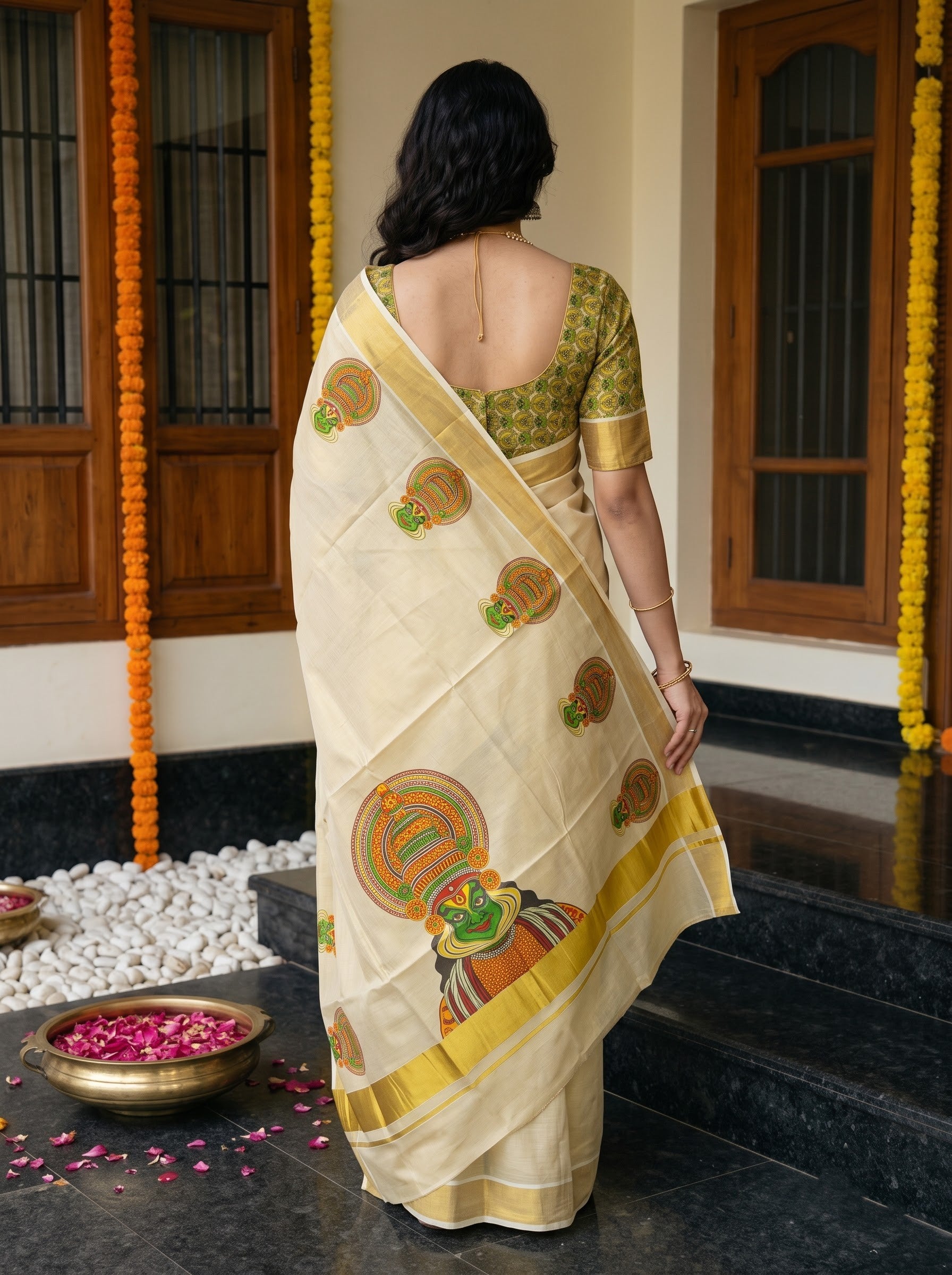 Tissue Cream Kathakali Print With Golden Border Onam Special Kerala Saree