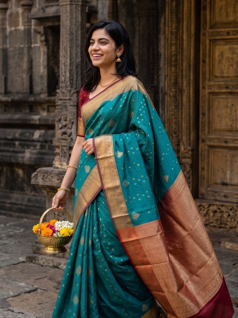 A woman wearing a teal green silk saree with gold zari motifs and a wide gold border, standing outdoors in front of a stone and wood architectural structure while holding a small flower basket.