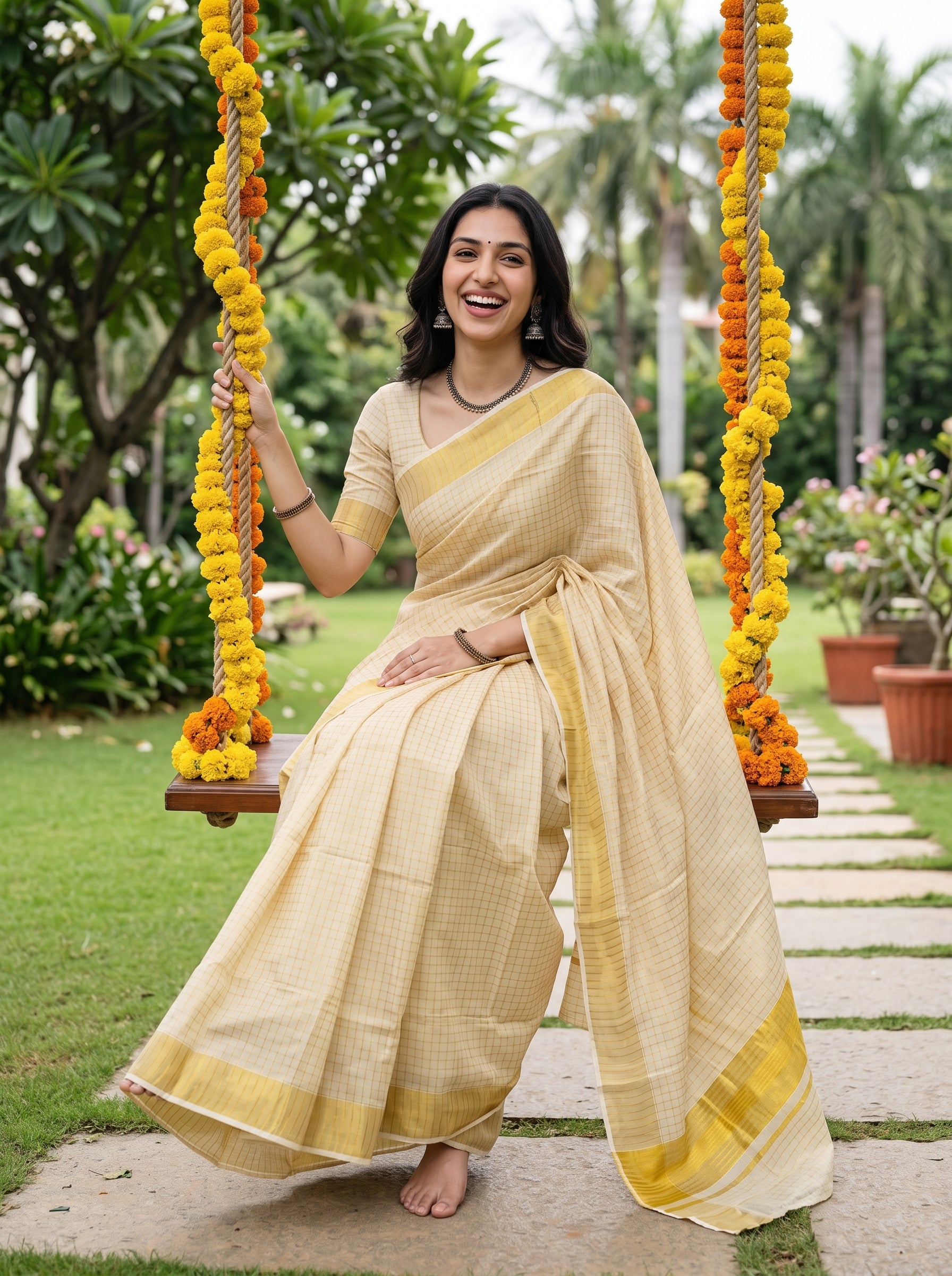 A woman wearing a light yellow and beige checkered saree sits on a swing decorated with yellow marigold garlands in a lush garden setting.