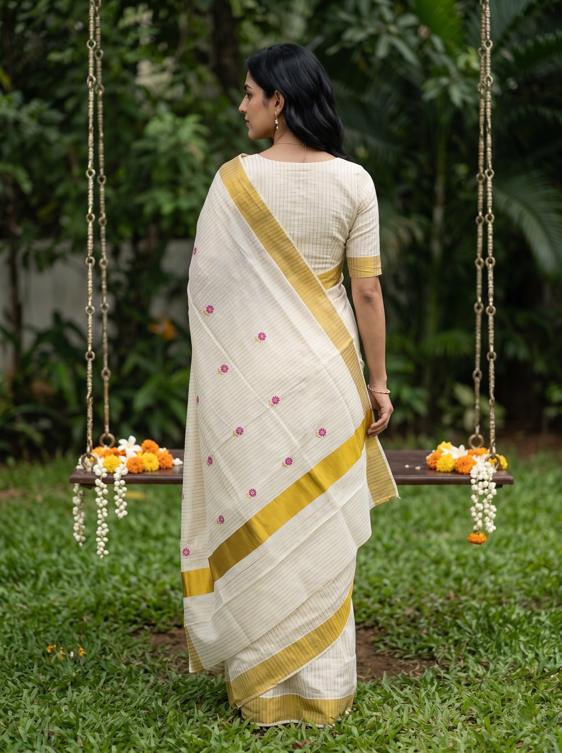 A woman wearing a cream-colored saree with a mustard yellow border and small pink floral motifs, standing in a garden with hanging swing chairs in the background.