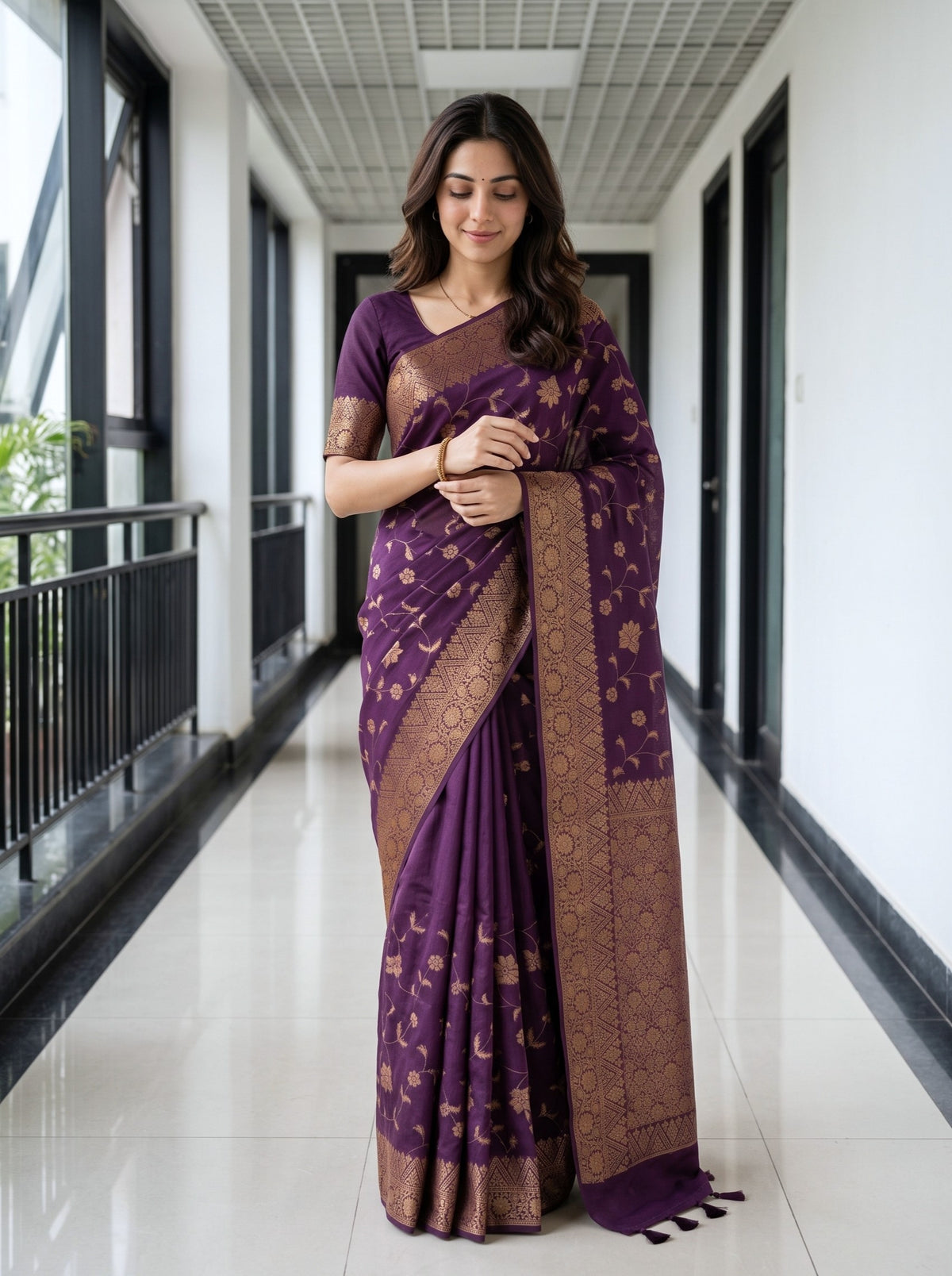 Cotton Silk Purple Gold Jacquard Floral Border Saree