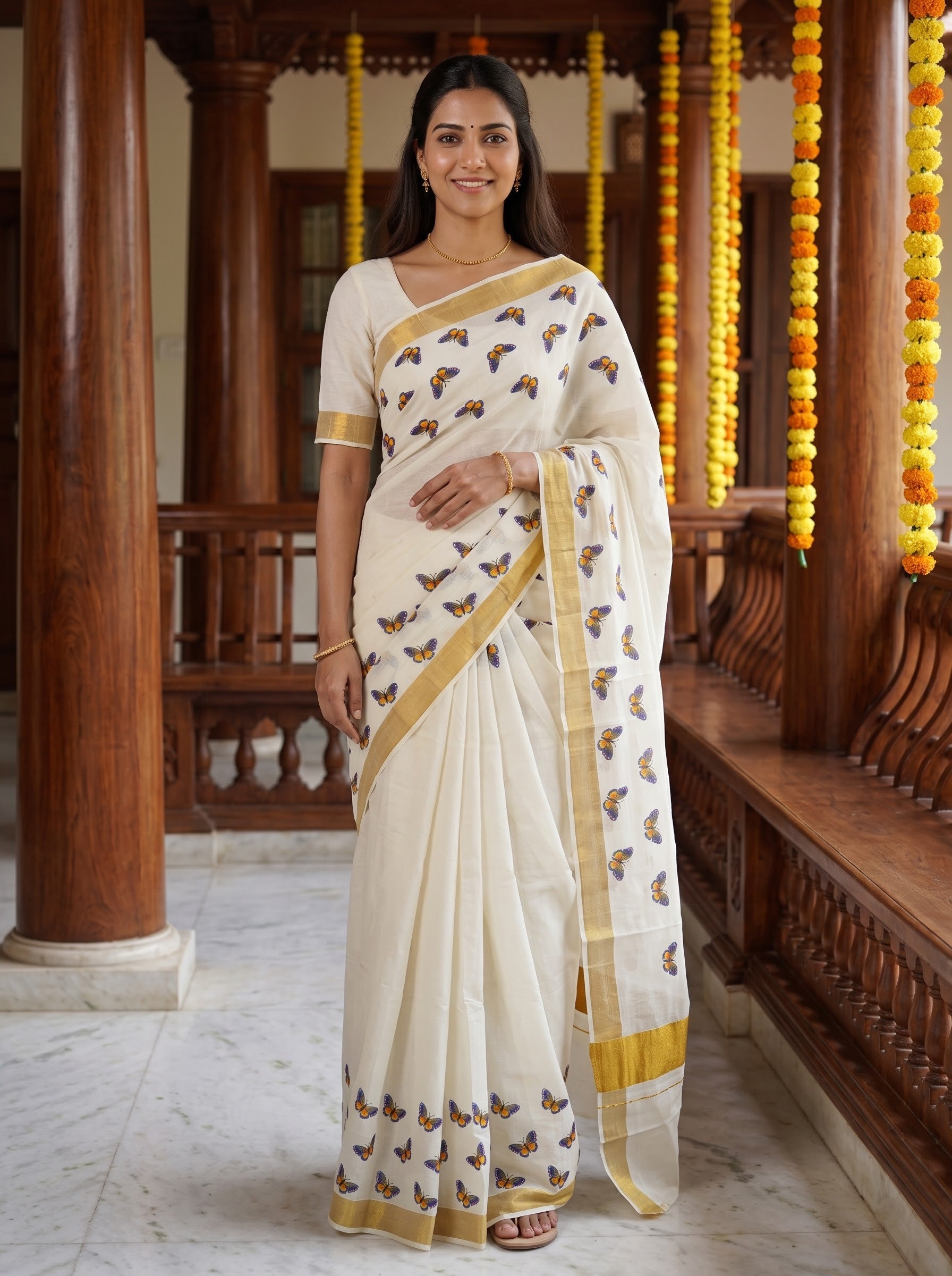 Cotton Cream Blue Butterfly Print with Gold Border Onam Special Kerala Saree