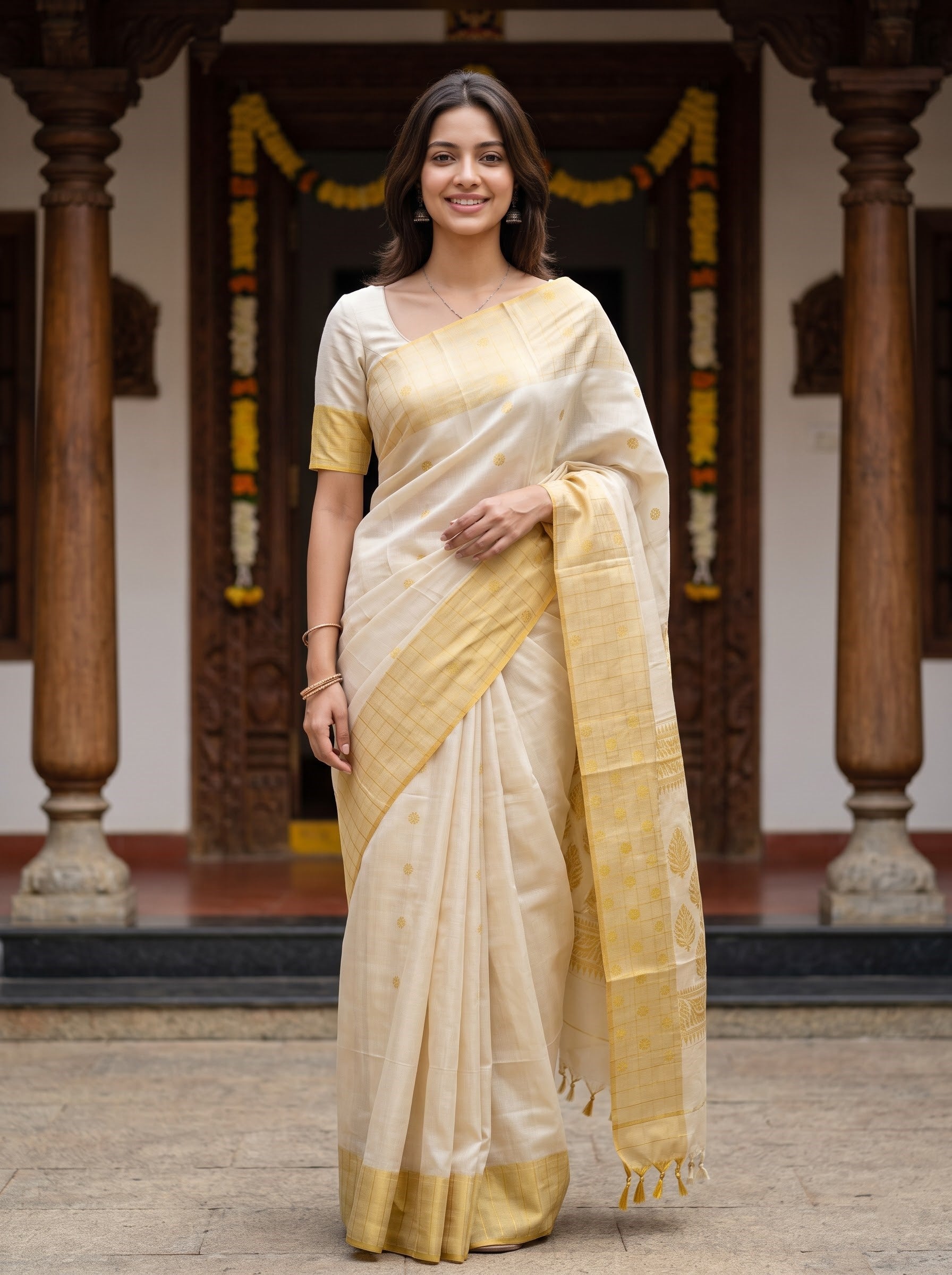 Tissue Cream & Golden Woven Butta Onam Kerala Saree