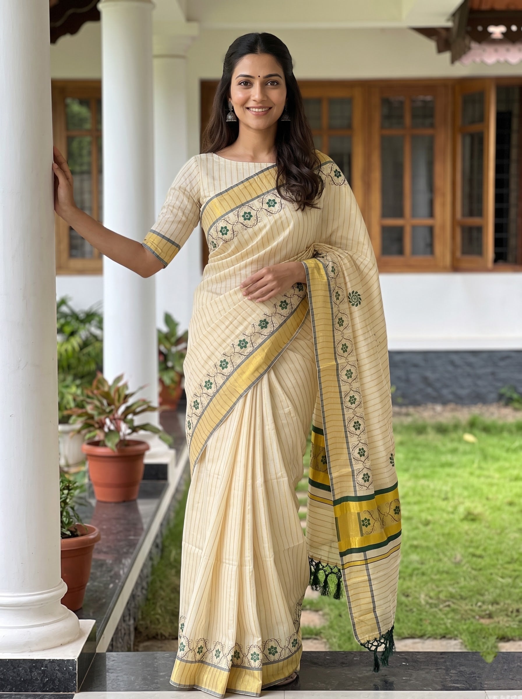 A woman wearing a cream-colored saree with yellow and green border details, standing on a porch with white pillars and a garden in the background.