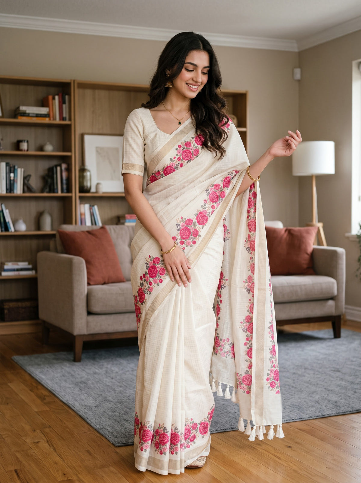 Semi Tussar Off White Saree with Rose Bouquet Printed Pallu  Zari Border and Tassel Detail