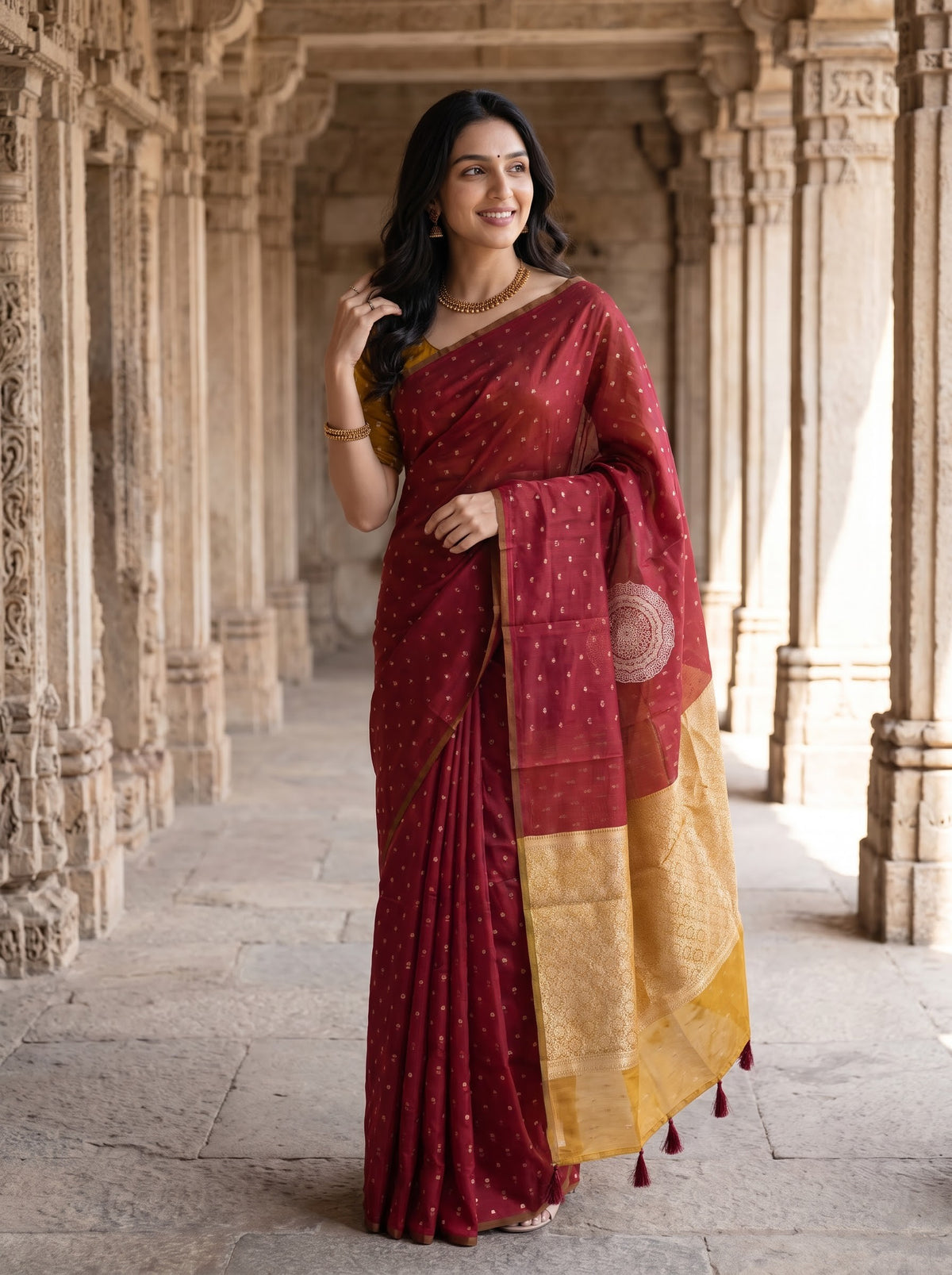 Cotton Silk Maroon Golden Polka Dot Mandala Mustard Brocade