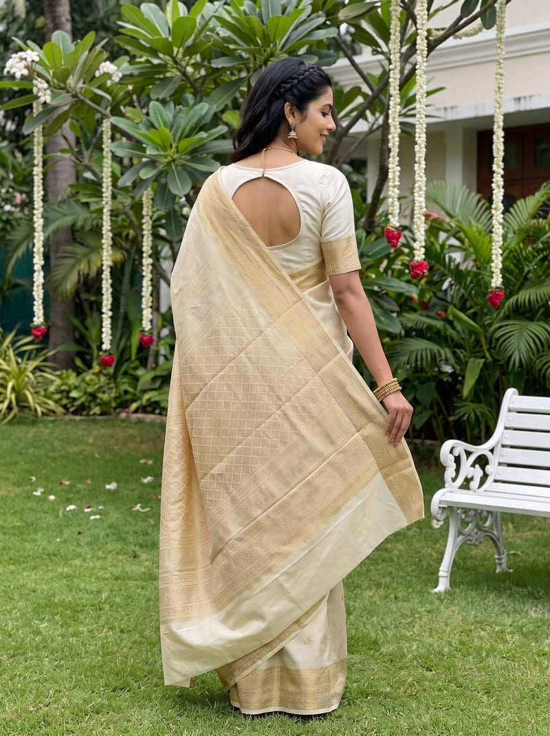 A woman wearing a light beige silk saree with a matching off-white blouse, standing in a garden with green grass, hanging flower garlands, and a white bench.