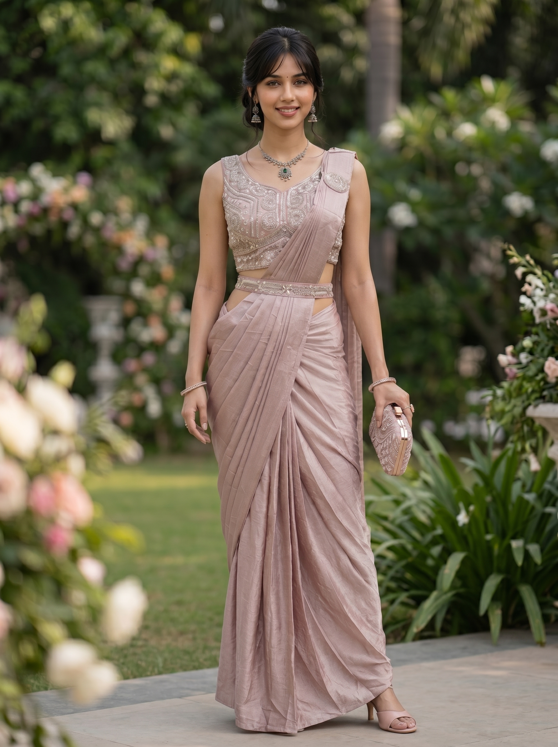 Woman in a pink saree standing in a garden with flowers and greenery.