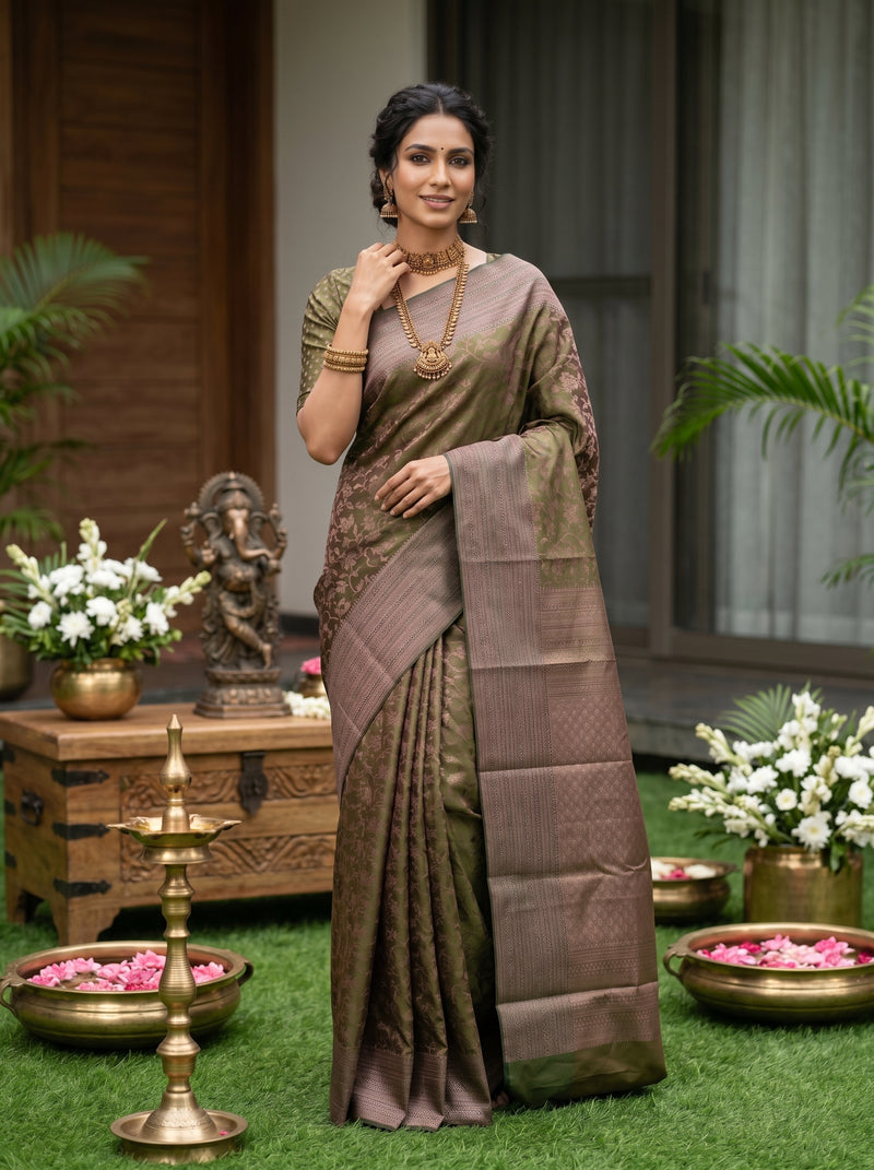 Woman in a traditional saree standing outdoors with decorative elements.