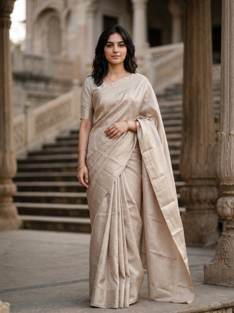 Woman in a beige saree standing in front of an architectural background