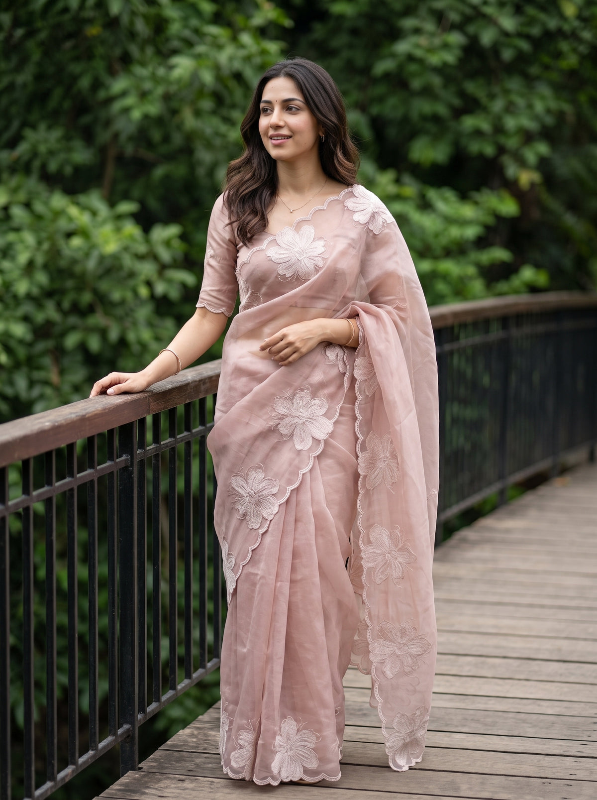 Tissue Silk Mauve Saree with Scattered Magnolia Flower Embroidery